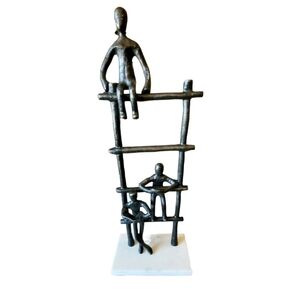 Metal Art 3 Abstract Figures Climbing Ladder on Marble Base Modern